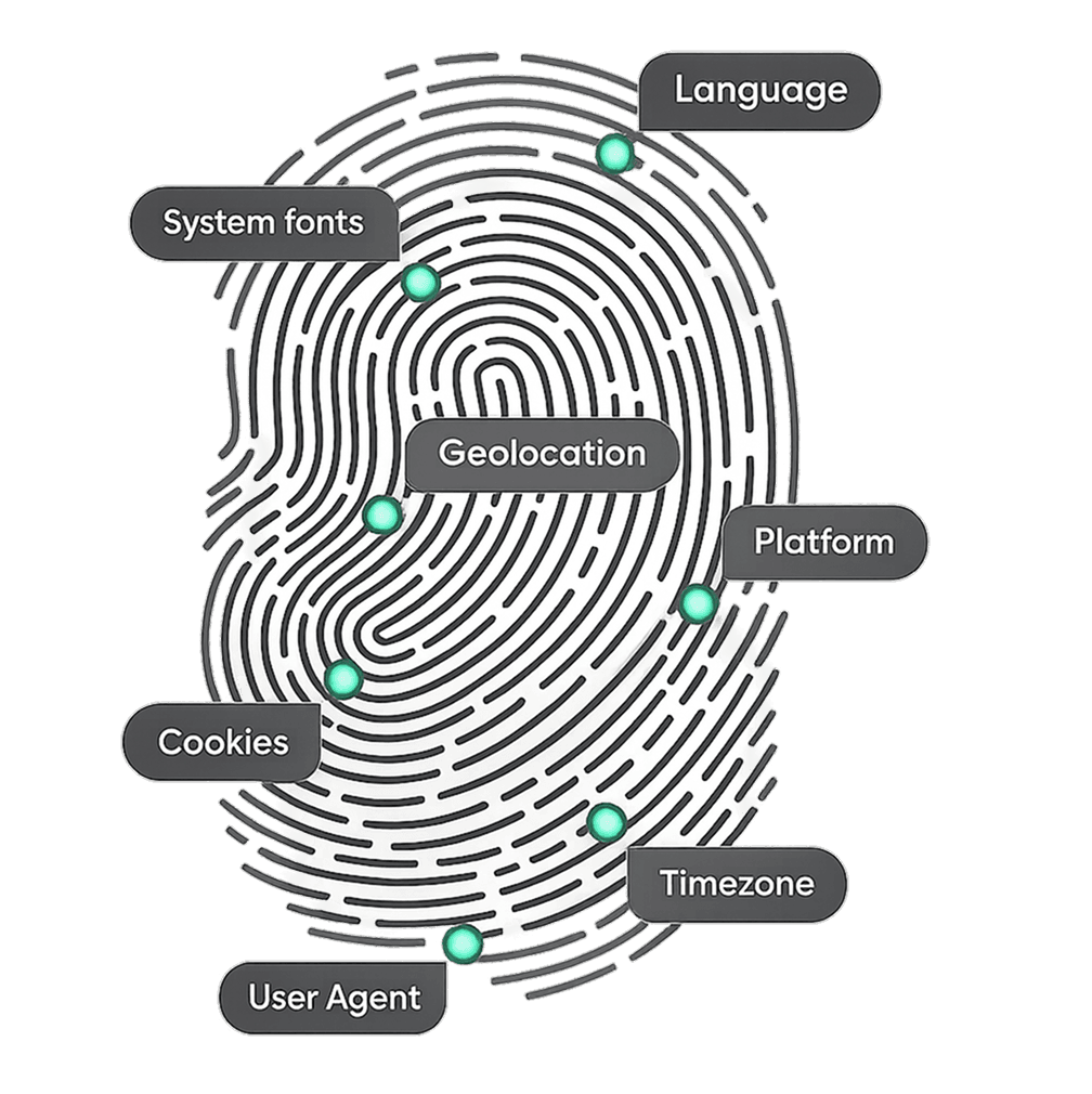 Minh họa dấu vân tay kỹ thuật số — các thông số định danh trình duyệt